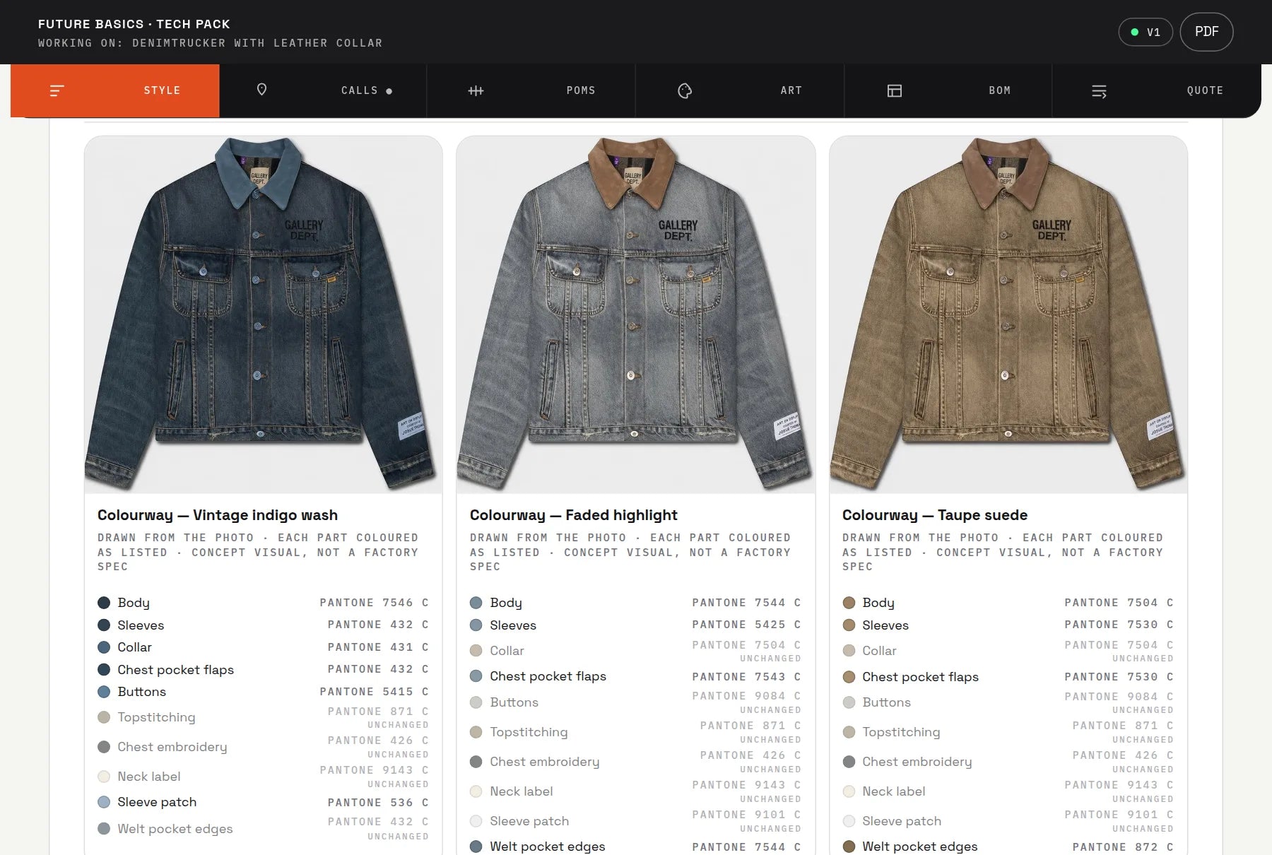 A denim trucker jacket tech pack in the hub: three colourways drawn from one photo, every part listed with its Pantone C code