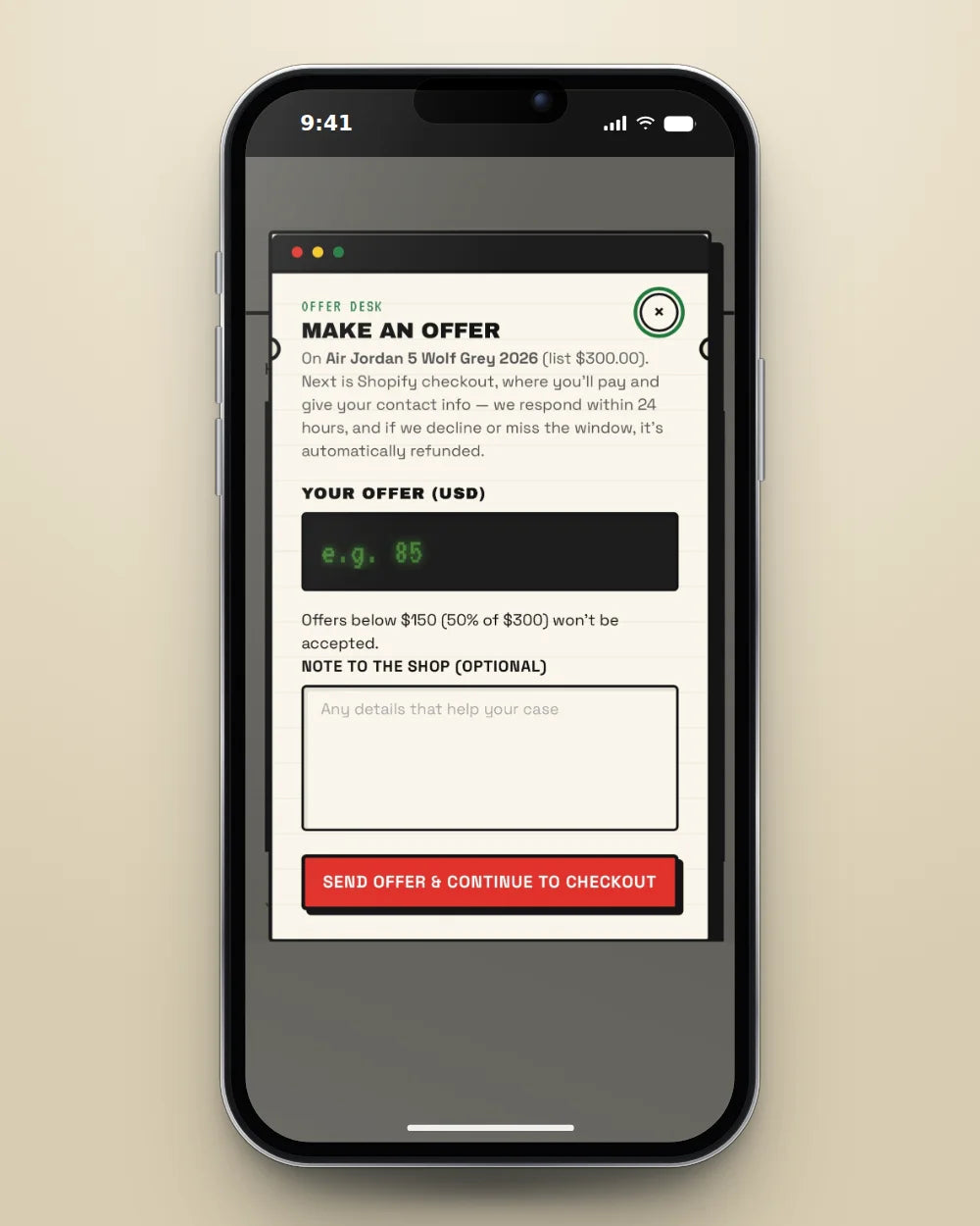 Consignment storefront: make an offer