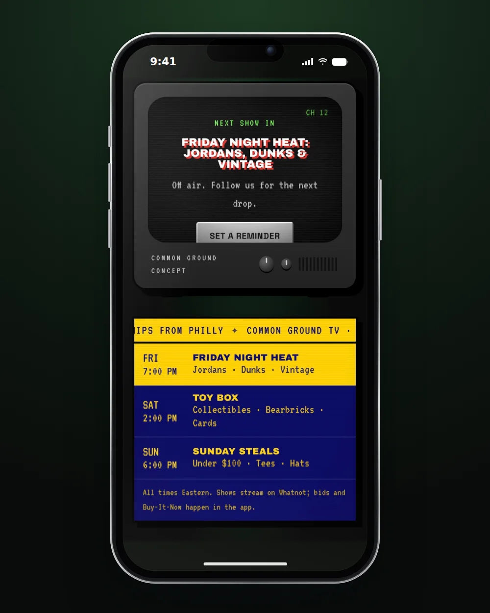 Consignment storefront: live show schedule