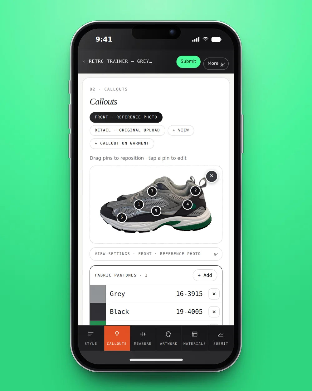 A sneaker tech pack in the Future Basics client hub on a phone, six callouts pinned to the photo