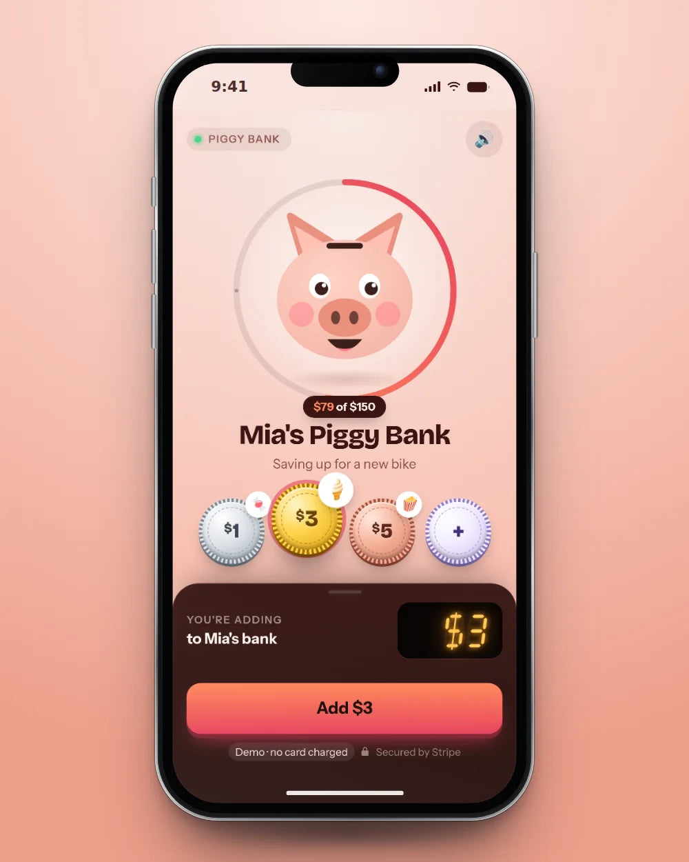 A piggy bank page on a phone: $79 of $150 saved, tap $1, $3 or $5 and pay with Apple Pay