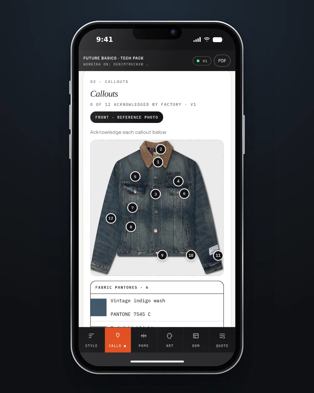 Twelve numbered callouts pinned on a denim trucker jacket in the hub, on a phone
