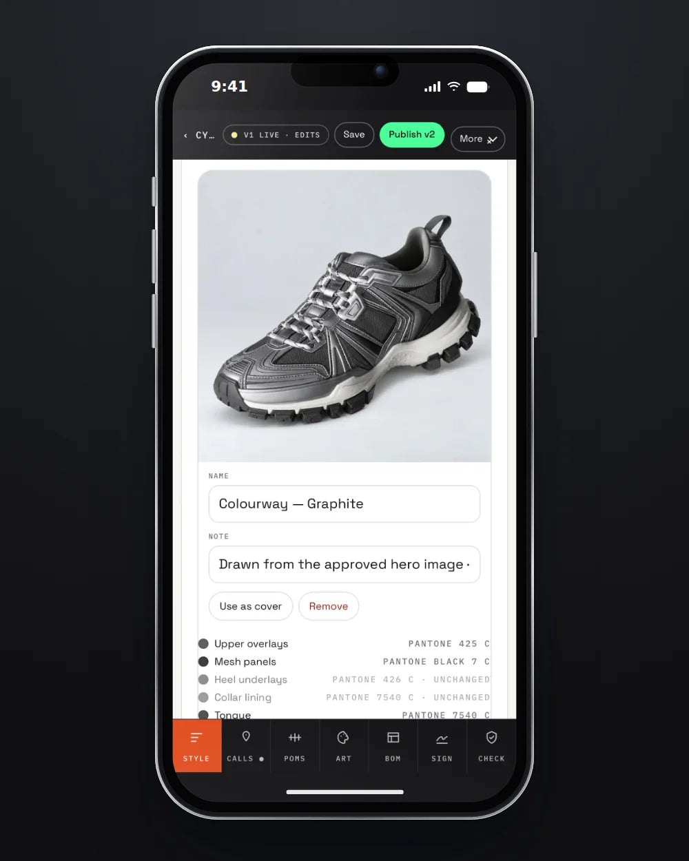 A graphite colourway of a trail runner in the hub, each part listed with its Pantone C code