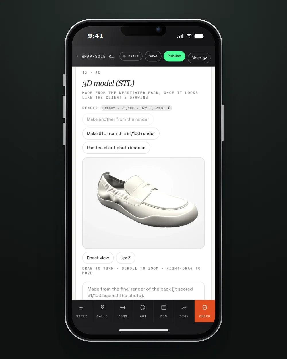 A 3D model of a loafer in the hub, made from a render that scored 91 out of 100 against the photo